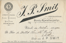 712067 Kop van een nota van J.P. Smit, Bonds-Rijwielhersteller, Naast het Postkantoor Achter den Dom 12 te Utrecht, ten ...